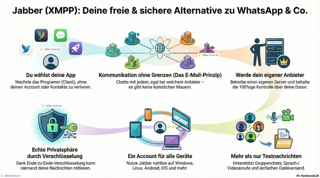 Schaubild der Vorteile des XMPP-Protokolls und Jabber-Server.de